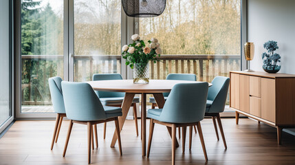 Fototapeta na wymiar Elegance Furniture Unveiled: Round Wooden Dining Table and Blue Chairs in a Stunning Scandinavian, Mid-Century Modern Dining Room