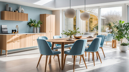 Whimsical Woodwork: Embracing Nordic Flair with a Round Dining Table and Blue Chairs in a Mid-Century Modern Dining Oasis