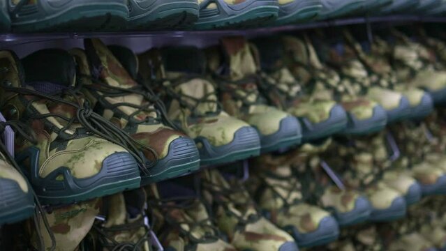 Footwear for the military. Khaki boots.

