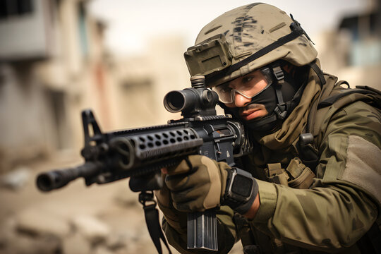 close up shot of Israeli soldier in uniform aiming rifle