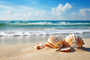 Fototapeta na wymiar Florida's coastal elegance Open seashell on sandy beach with waves crashing. A serene paradise captured. AI Generative magic enhances the ambiance.