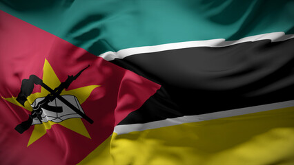 Close-up view of Mozambique national flag fluttering in the wind.