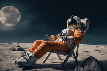 Lost in space, An astronaut in a beach chair on the Moon enjoys a funny moment, searching the universe for wifi with a mobile device. AI Generative. - obrazy, fototapety, plakaty
