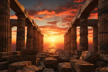 Fotobehang The scenic landscape view of an ancient Greek rock temple with Doric column ruin in the evening twilight time. Generative AI. © Surachetsh
