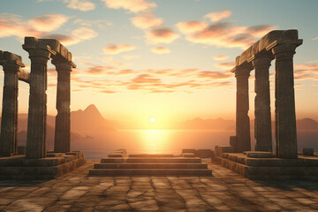 Fototapeta premium The scenic landscape view of an ancient Greek rock temple with Doric column ruin in the evening twilight time. Generative AI.