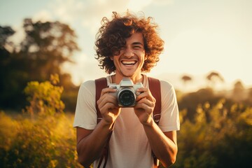Photo of a beaming young man capturing memories with his camera. Generative AI - Powered by Adobe