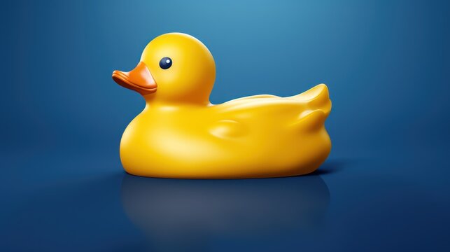  a yellow rubber ducky sitting on a blue surface with a reflection of it's head in the water and it's head tilted to the right side.