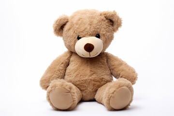 The photo shot of a smiling stuffed big brown teddy bear sitting on a ground isolated on white background. Generative AI.