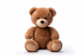 The photo shot of a smiling stuffed big brown teddy bear sitting on a ground isolated on white background. Generative AI.