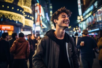 Photo of a beaming young man exploring the city's nightlife. Generative AI
