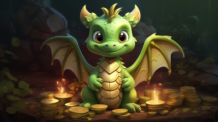  a green dragon sitting on top of a pile of gold coins next to a pile of gold coins with a lit candle in the middle of the front of it.