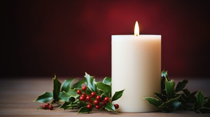  a white candle with holly and red berries on a wooden table next to a candle holder with a lit candle in the middle of the candle and a red background.