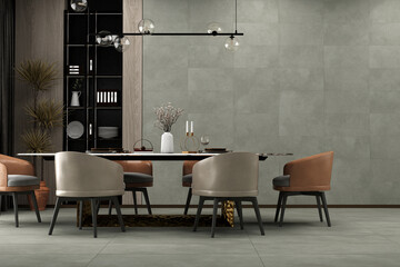 Pleasing dining area with floor and wall decor made of grey marble. There is a rack for kitchen utensils next to the opulent table, which also has candles, a plant as décor and chandelier above it.3D