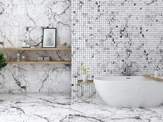 White floating shelves for storage in luxury bathroom interior with a wall window overlooking a garden, a white bathtub, a distinctive tap, and a few toiletries next to it. 3D Rendering