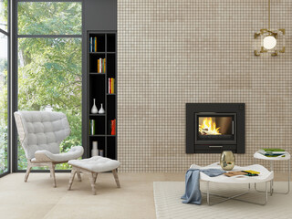 Luxury living room interior beige marble, white comfy armchair and table, white coffee table, black book shelf, window wall to backyard, hanging lamp. 3D Rendering
