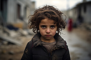 portrait of scared Palestinian child on street of Gaza