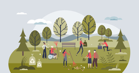 Naklejka premium Eco volunteer movement and garbage picking to save nature tiny person concept. Environmental trend to clean forests from litter, trash and rubbish vector illustration. Ecological pollution awareness.