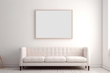 Contemporary Scandinavian living room with a blank frame poster above a white sofa. Elegant interior design and modern decor. This description is AI Generative.