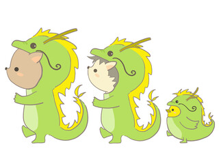 辰の着ぐるみを着て歩く動物たちのイラスト © rinm