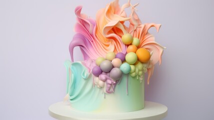  a multicolored cake with icing and balloons on top of a white cake stand on a white table with a white wall and a white wall in the background.
