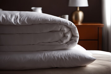 Clean and pure white hotel room bedding, pillows and quilts
