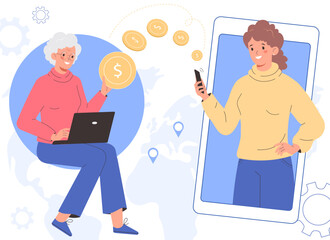 Girl transfers payment from smartphone to elderly woman laptop. Money transfer. Online money transfer concept.