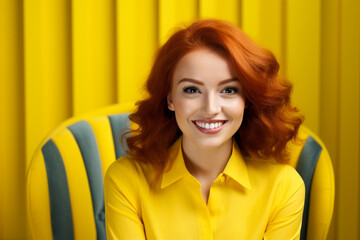 The portrait of a happy female business woman in a bright yellow suit with ginger red hair sitting on a sofa in an office room. Generative AI.