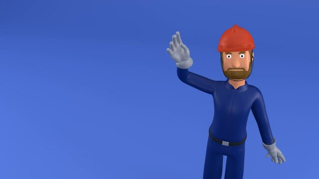 builder, greets with his hand, 3d character on an isolated background