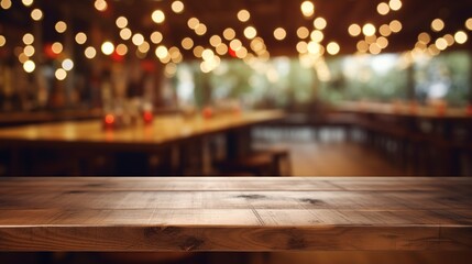 wooden table and blurred Christmas background