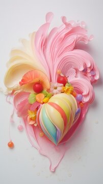 a close up of a heart shaped object with a lot of pink and yellow paint on the top of it and sprinkles of candy on the bottom of the image.