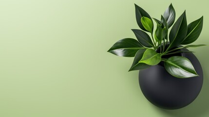  a green plant in a black vase on a green background with a shadow of the plant on the right side of the vase, and a shadow of the plant on the left side of the.
