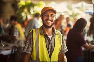 Photo of a beaming young man volunteering for a social cause. Generative AI