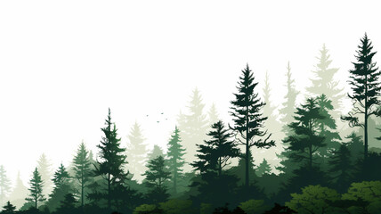 The wallpaper of a green pine forest landscape with tree silhouette graphic illustration on a white background. Generative AI.