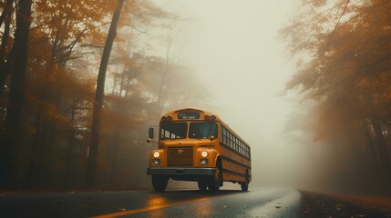 nostalgic allure of a medium shot school bus in a vibrant, cinematic orange haze scene. generative AI