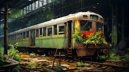 Acrylic art of abandoned old train in station overtaken by moss and plant.