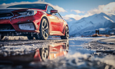 Modern, red car in the winter conditions. SLippery and wet pavement.
