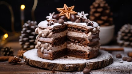  a close up of a cake on a plate with a slice cut out of it and a star on top of the cake, surrounded by pine cones and other decorations.