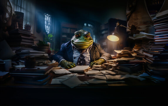 Reptile, big, fat frog as an accountant sitting at the desk in its office.