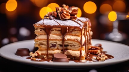 Obraz na płótnie Canvas a piece of cake on a plate with chocolate sauce drizzled on top of it and nuts on the top of the cake and on the side of the plate.