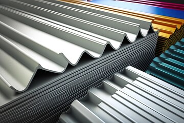 construction roof sheets profile shaped wave galvanized zinc steel sheets, corrugated metal Stacks - obrazy, fototapety, plakaty