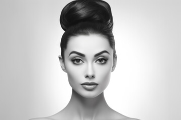 Naklejka premium The black and white or monochrome portrait of an attractive and beautiful female model in a black top looks at camera, isolated on white studio background.Generative AI.