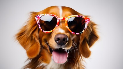 Closeup portrait of smiling dog in fashion sunglasses. Funny pet on a bright background with copy space. Puppy in eyeglasses. Fashion, style, cool animal summer concept.