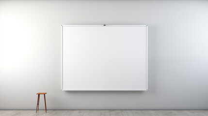 Small squarish whiteboard with white border in the middle of the room with a wooden chair below.