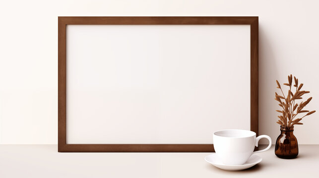 Cup of coffee on table with a blank whiteboard with wooden frame for you to write.