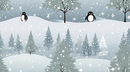  a couple of penguins standing on top of a snow covered hill next to a forest filled with snow covered trees and snow flecked with white snowflakes.
