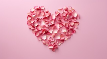  a heart shape made of pink petals on a pink background with space for a text or a picture to put on a card or brochure for a valentine's day.