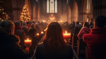  a group of people standing in front of a church with candles in each of their hands and a christmas tree on the other side of the church's wall.