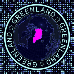 Greenland on globe vector. Futuristic satelite view of the world centered to Greenland. Geographical illustration with shape of country and squares background. Bright neon colors on dark background.