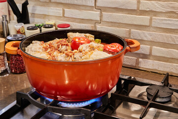 Stuffed cabbage rolls and stuffed tomatoes are cooked in saucepan on gas stove