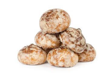 A bunch of gingerbread on a white background. Sweet round gingerbread.